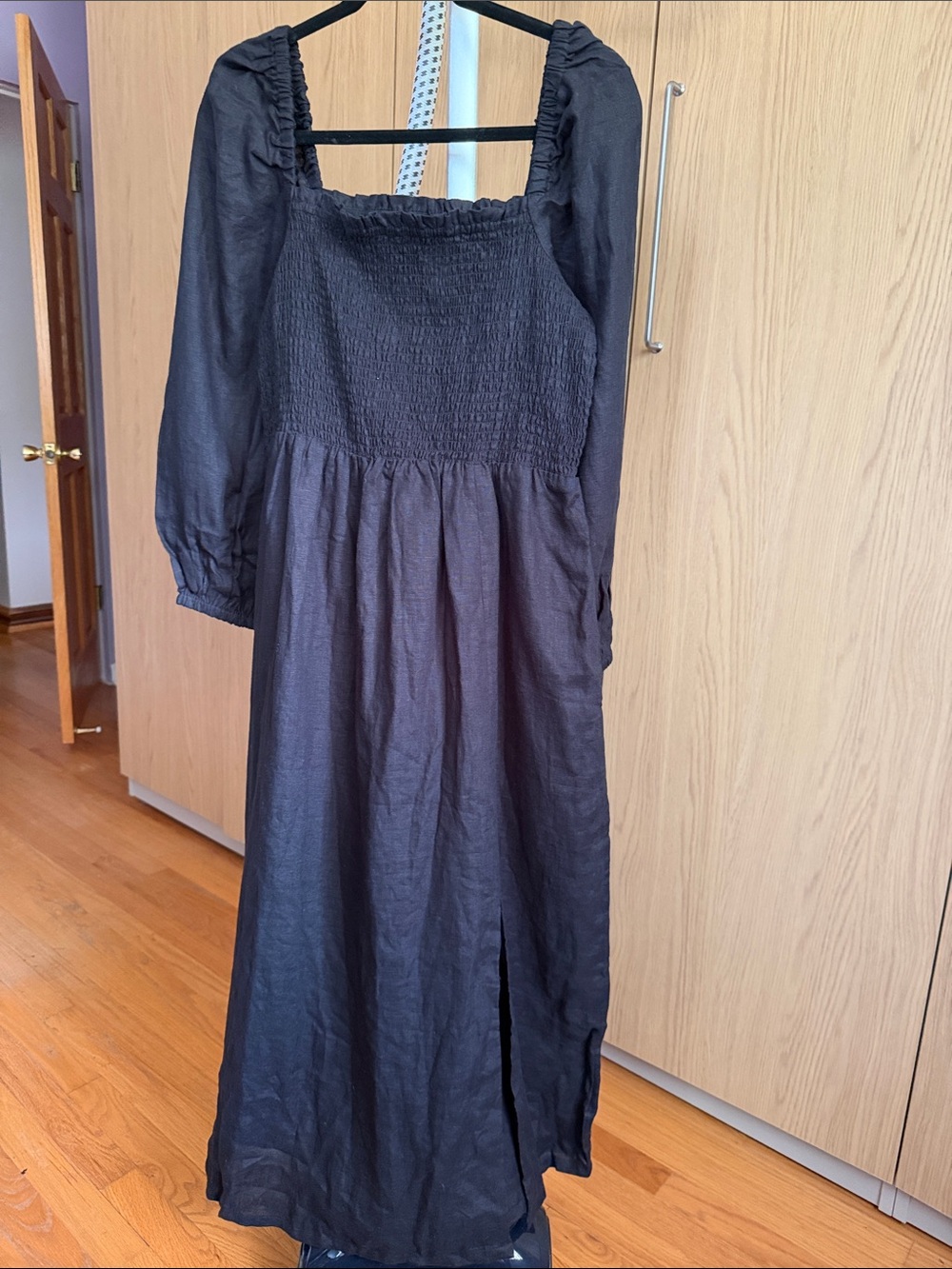 J. Crew 100% Linen Black Lined Long Sleeve Smocked Waist Midi Dress